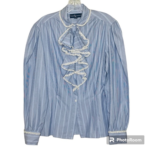 Ralph Lauren Blue Label Tops - Vtg Ralph Lauren Ruffle Lace Victorian Pinstripes Button Down Blouse 12